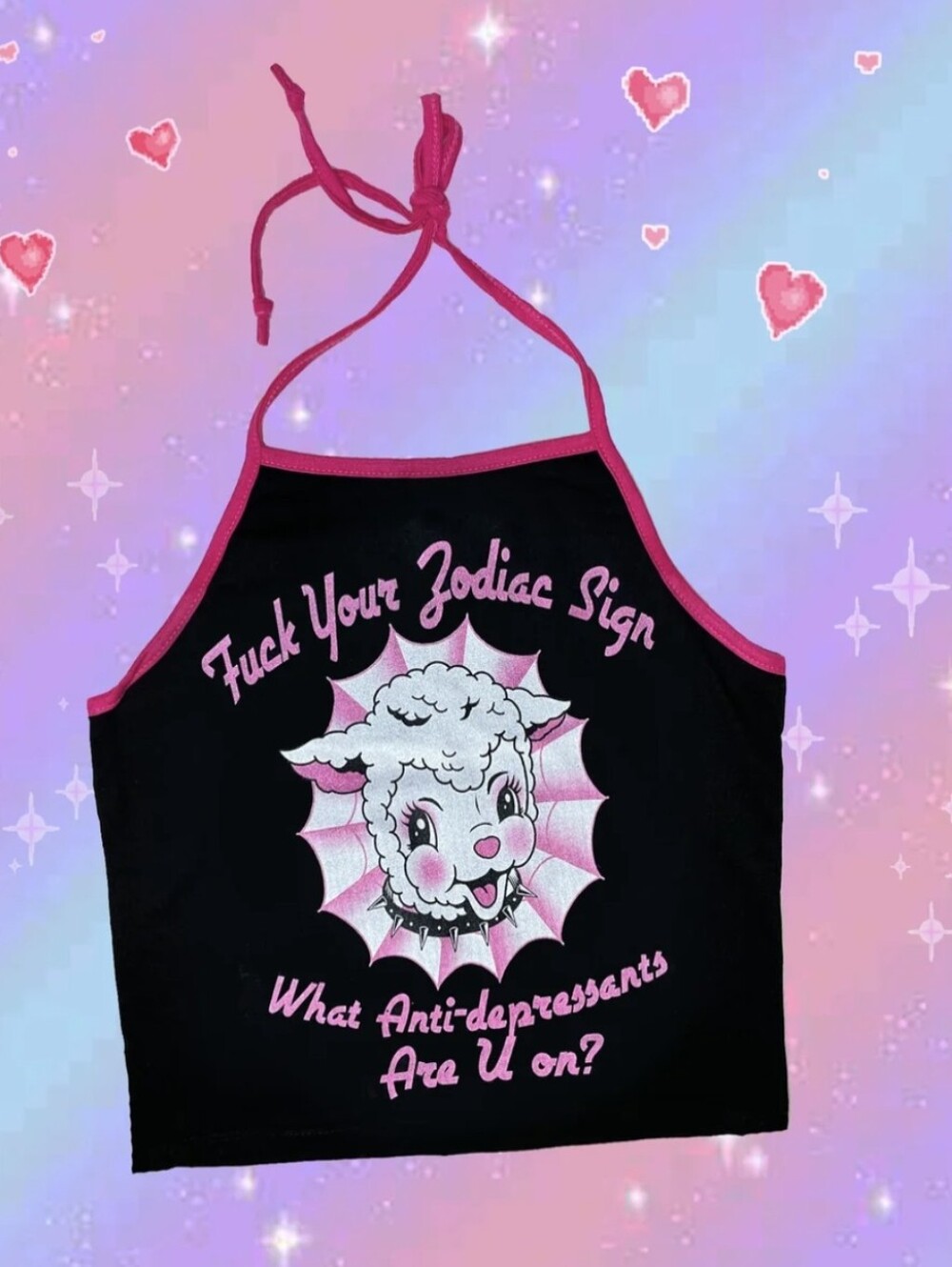 VERA'S EYE CANDY Black Halter Graphic Lamb Tank with Pink Trim- Cute Summer Top!